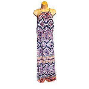 Cremieux XS Women Maxi Dress Boho Geometric Print Sleeveless Halter Summer Beach